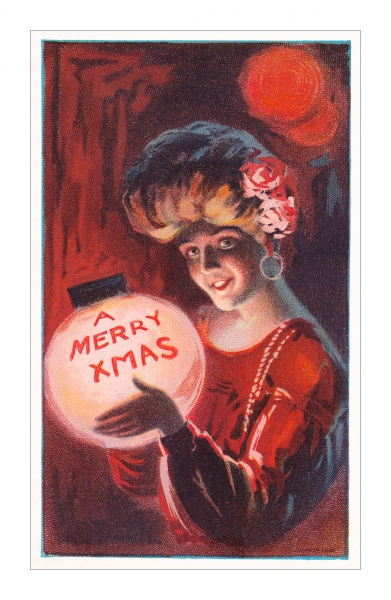 Christmas Postcard - Lady with Lit Glowing Ball