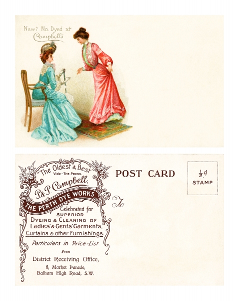Front and Back of Advertising Postcard for Campbells Dye Works