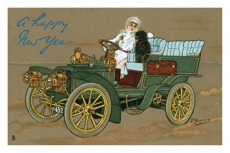 Happy New Year Postcard Girl and Dog in Car