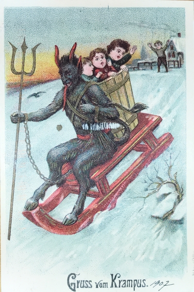 Krampus on a Sled Postcard 1907