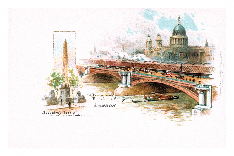 Postcard of Blackfriars Bridge St Pauls Cathedral and Cleopatras Needle 1900