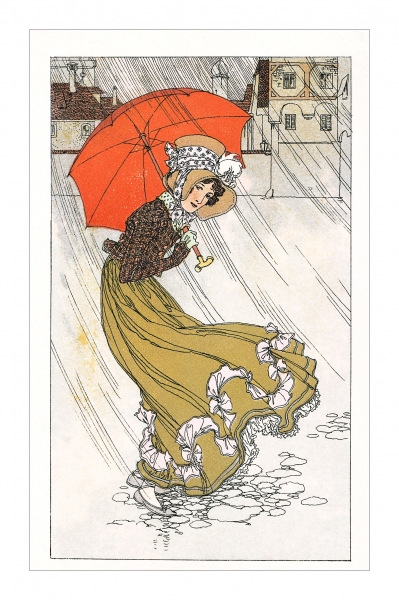 Postcard of a lady in the rain