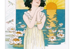 Art Nouveau Postcard Girl in Front of Sunset