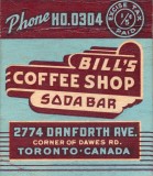 Bill's Coffee Shop & Soda Bar - Toronto, Canada - Matchbook (front)