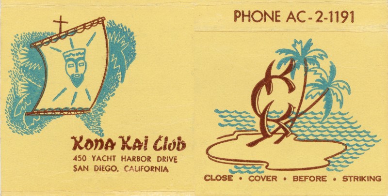 Kona Kai Club - San Diego, CA Light Yellow Matchbook (back)