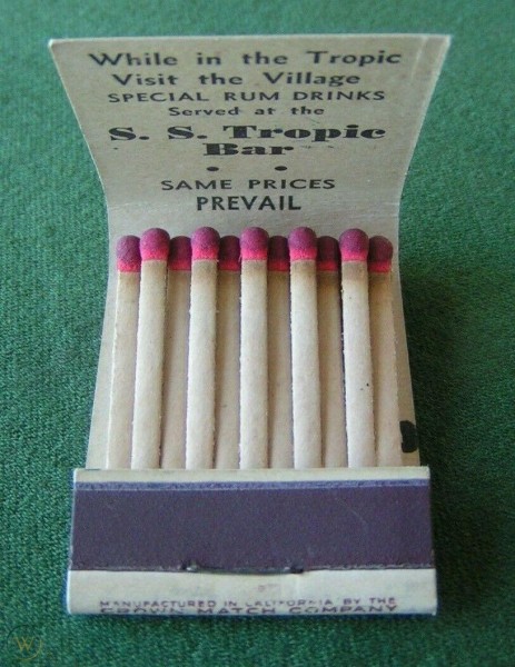 The Tropic Cafe - 1040 Third Avenue San Diego, CA - Hula Girl Matchbook (inside)