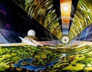 Space colony concept from NASA and the Ames Research Center in the 1970s. Interior view looking out through large windows of a cylindrical shaped space colony.