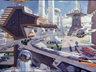 Nova Cite painting by Robert McCall for the Horizons pavilion at EPCOT Center. This painting was used in promotional materials and in the queue of the attraction.