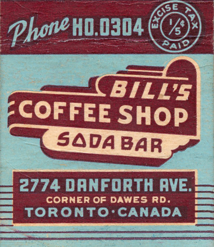 Bill's Coffee Shop & Soda Bar - Toronto, Canada - Matchbook (front) (from jericl cat via flickr)