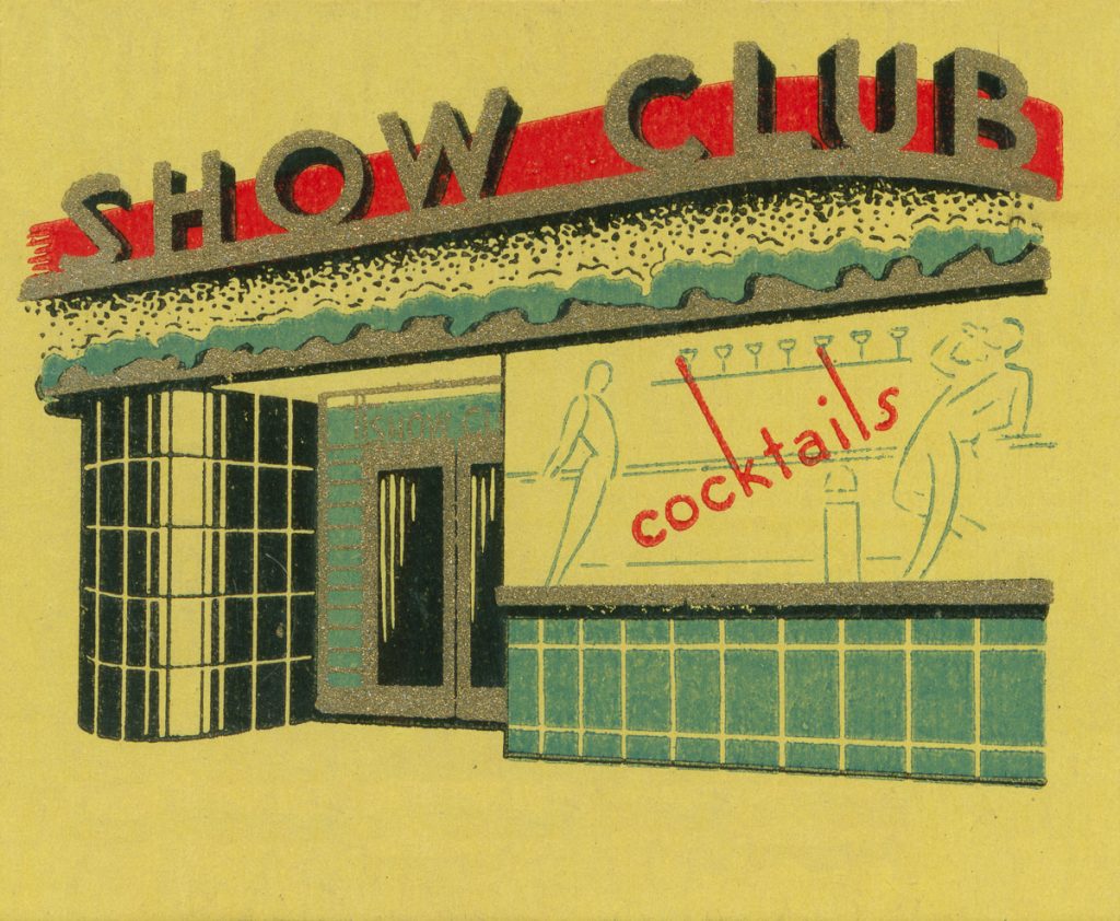 Matchbook image of exterior tiled nightclub. Ad for Show Club.