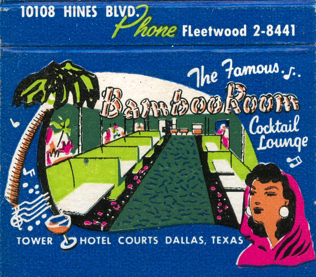 The Famous Bamboo Room Cocktail Lounge - Tower Hotel Courts Dallas, Texas Matchbook (front) (from jericl cat via flickr)
