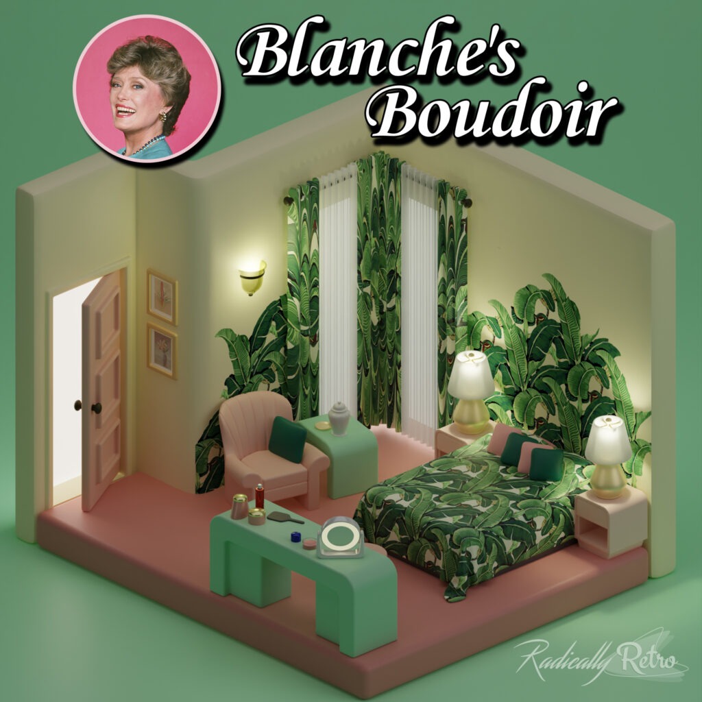 A cute 3D isometric bedroom model of Blanche's Boudoir from Golden Girls created by Radically Retro