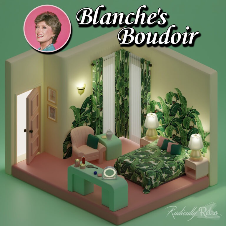 A cute 3D isometric bedroom model of Blanche's Boudoir from Golden Girls created by Radically Retro